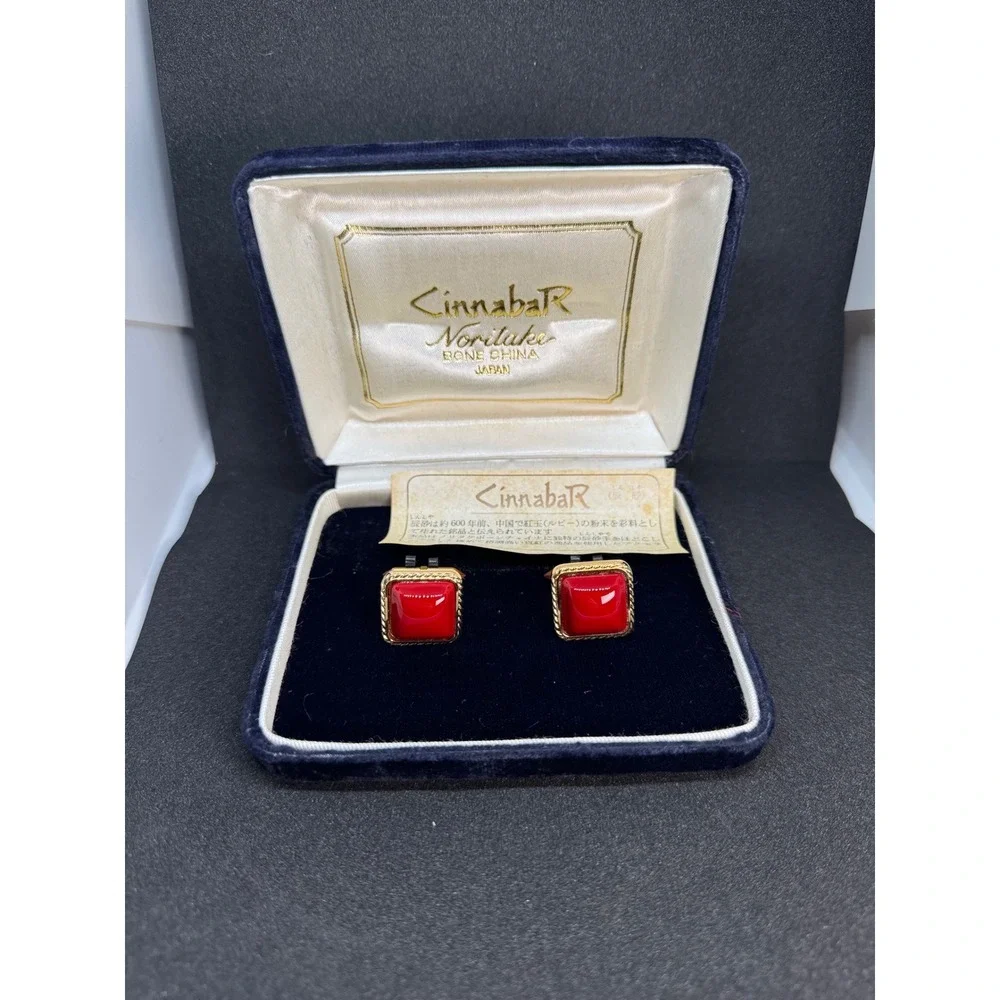 Cinnabar Noritake Cufflinks Red Cabochon Gold Tone Mens‎ Jewelry with Box